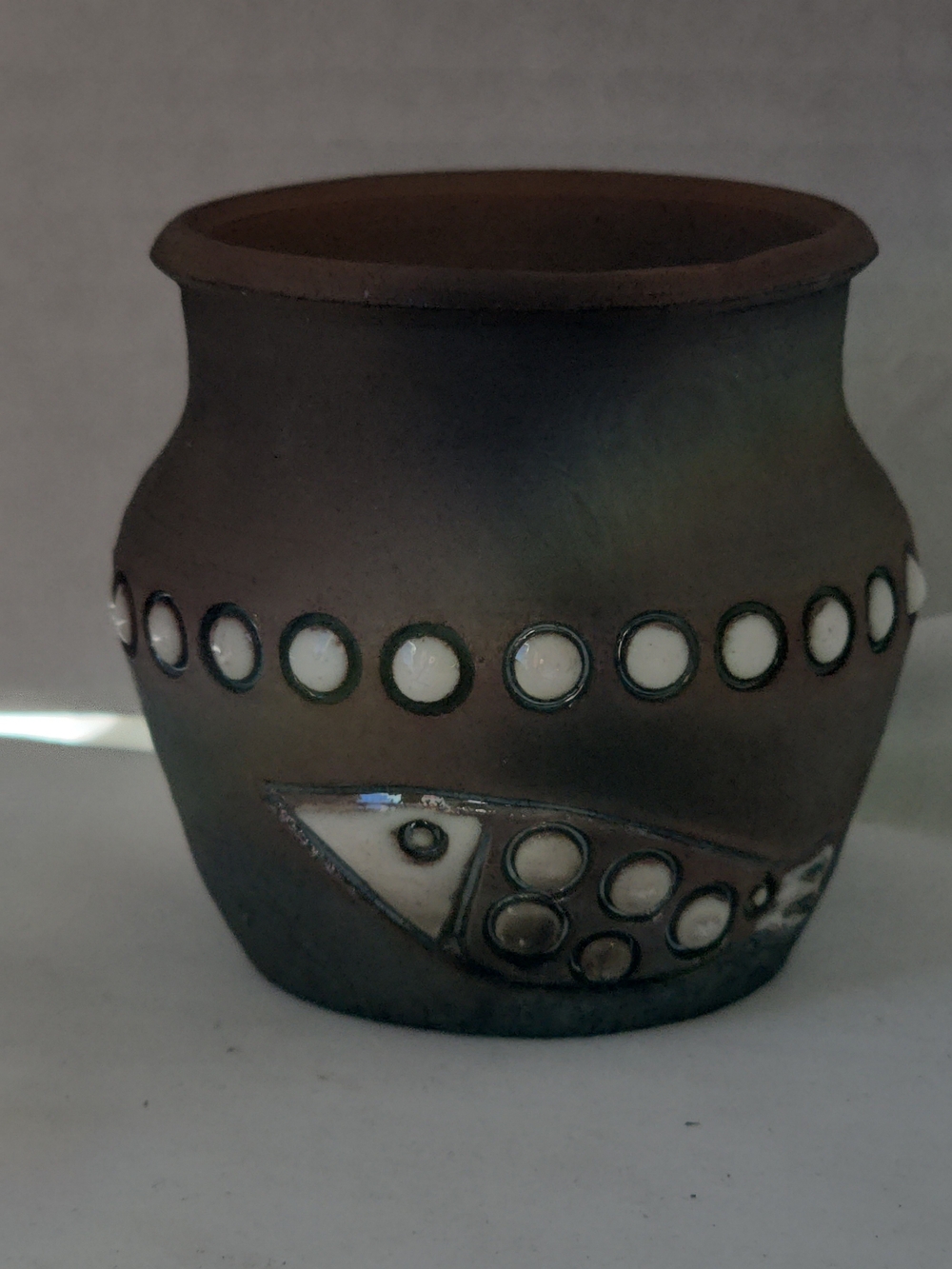 Vintage Mid Century Raku Studio Pottery Mini Vase Fish Motif Signed FL 3"x3"